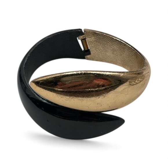 Gold & Black Hinged Metal Cuff Bracelet + Silver Rhinestone Chevron Open Cuff Br - Picture 3 of 5